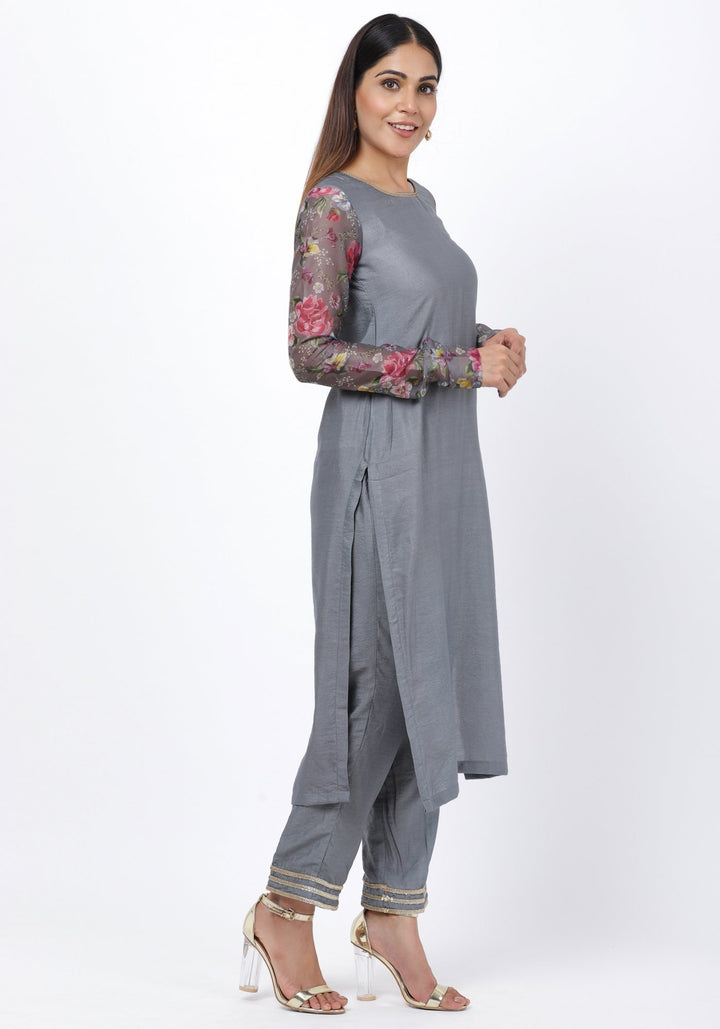 anokherang Combos Gray Printed Churidar Sleeves Kurti with Straight Pants