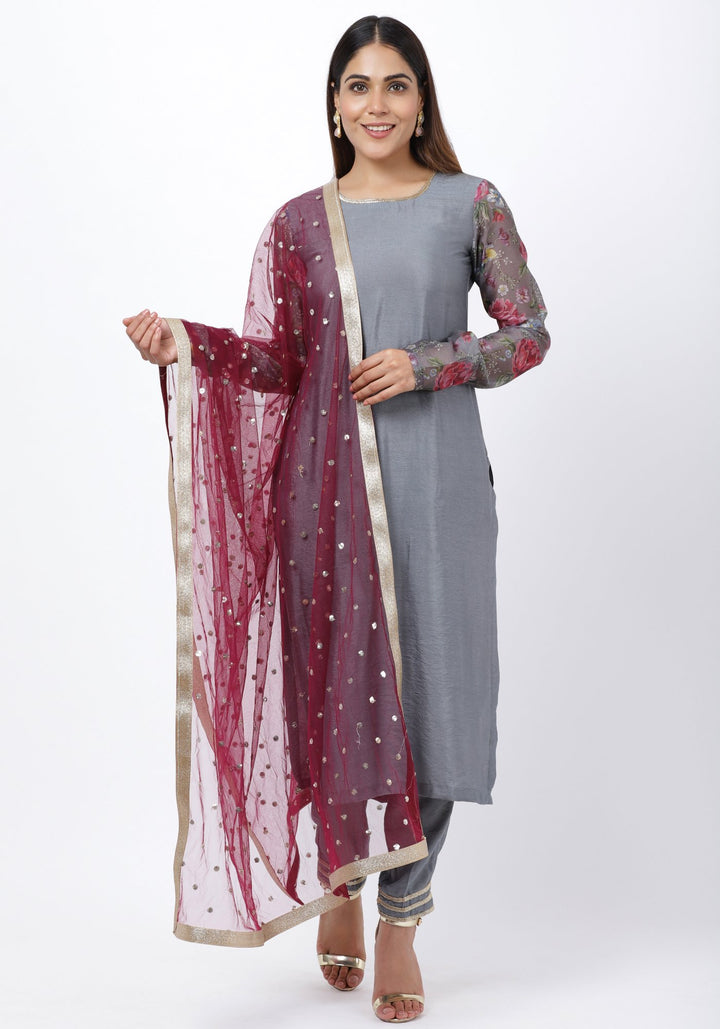 anokherang Combos Gray Printed Churidar Sleeves Kurti with Straight Pants and Sequenced Dupatta