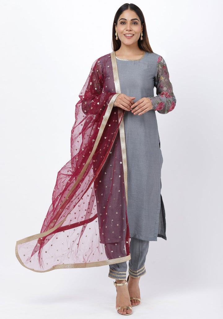 anokherang Combos Gray Printed Churidar Sleeves Kurti with Straight Pants and Sequenced Dupatta