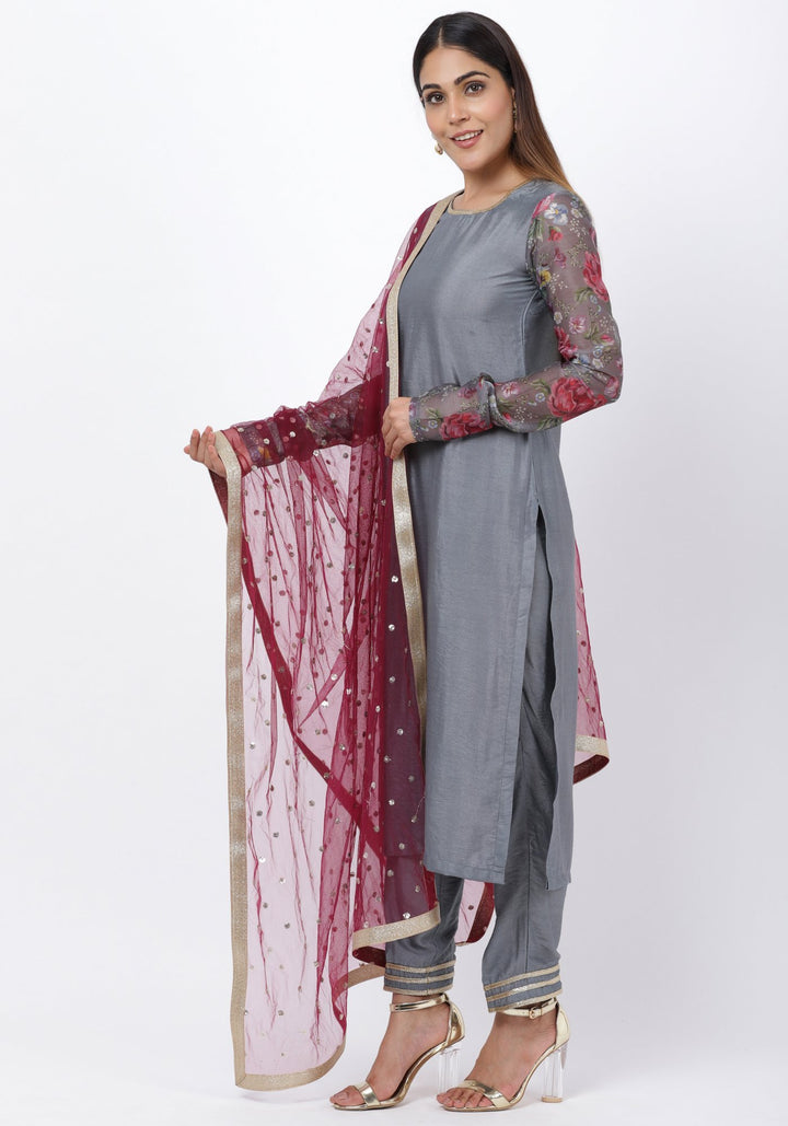 anokherang Combos Gray Printed Churidar Sleeves Kurti with Straight Pants and Sequenced Dupatta