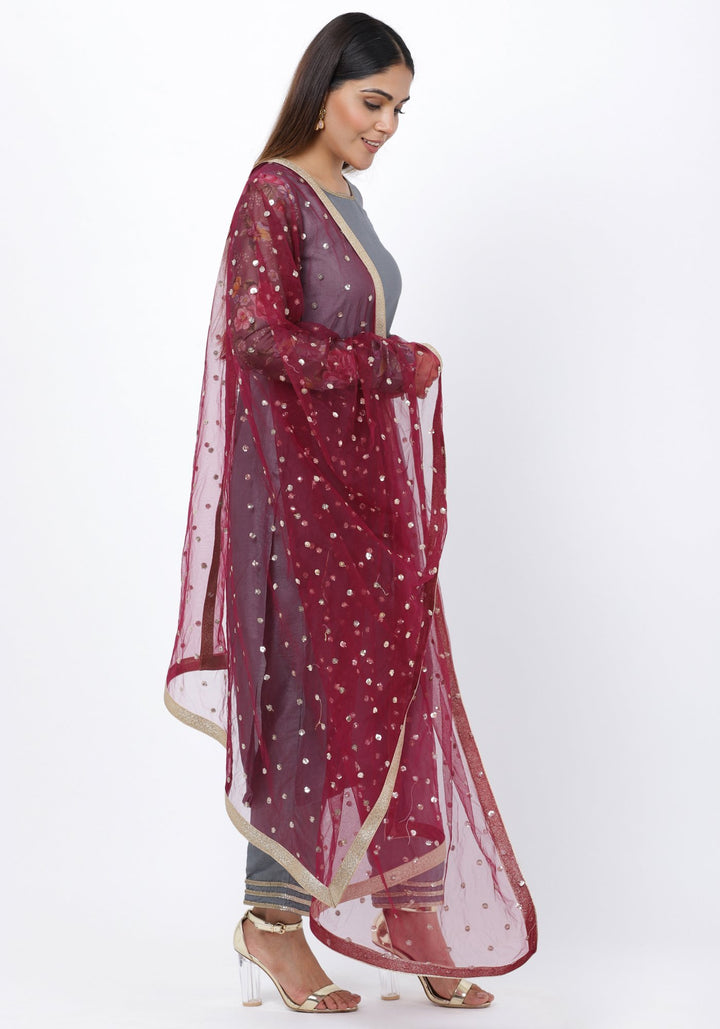 anokherang Combos Gray Printed Churidar Sleeves Kurti with Straight Pants and Sequenced Dupatta
