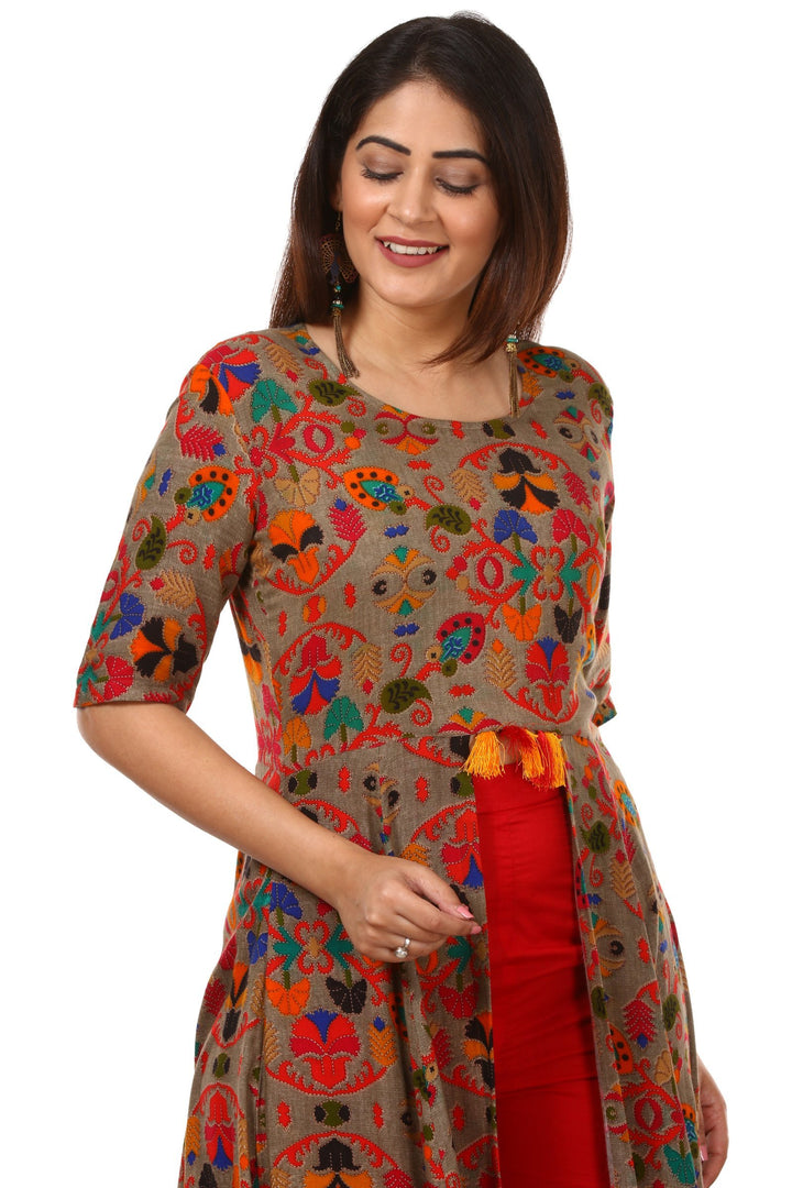 anokherang Combos Gray Red Floral Printed Front Tassel Kurti with Pants