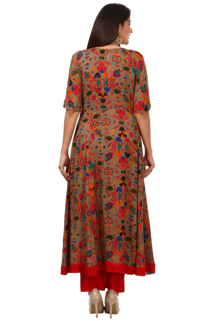 anokherang Combos Gray Red Floral Printed Front Tassel Kurti with Pants