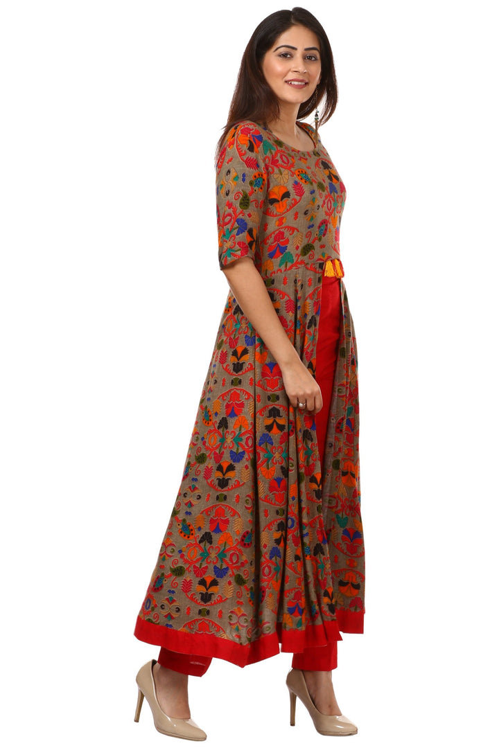 anokherang Combos Gray Red Floral Printed Front Tassel Kurti with Pants