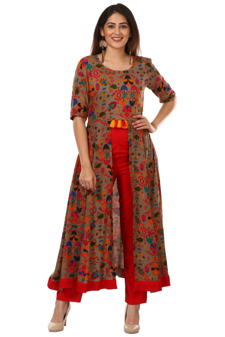 anokherang Combos Gray Red Floral Printed Front Tassel Kurti with Pants