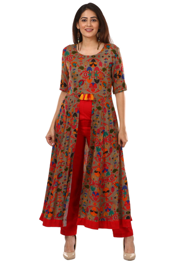 anokherang Combos Gray Red Floral Printed Front Tassel Kurti with Pants