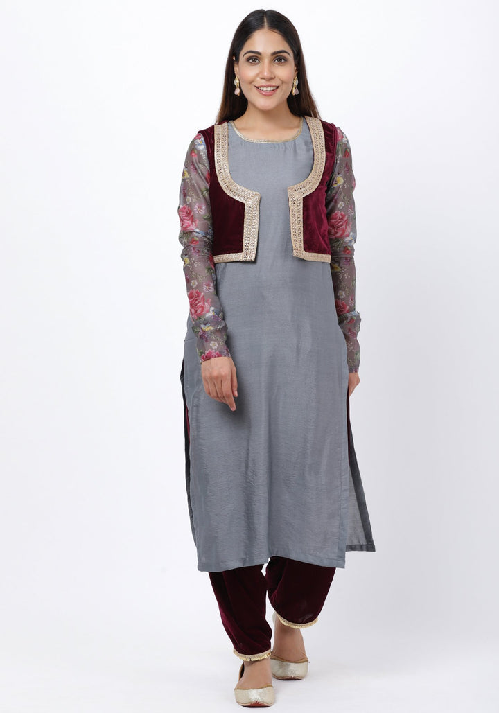 anokherang Combos Gray Straight Kurti with Printed Sleeves