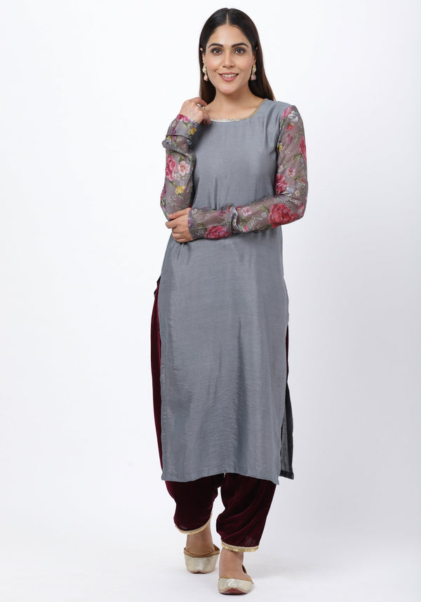 Gray Printed Churidar Sleeves Kurti with Velvet Salwar