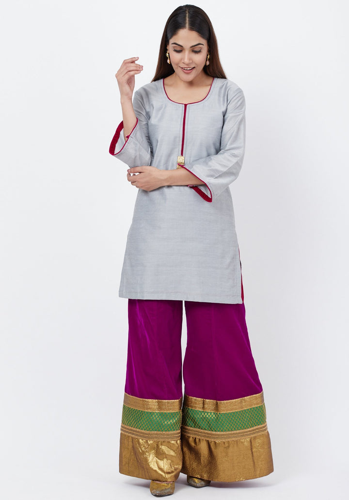 anokherang Combos Gray Straight Short Kurti with Velvet Multi Border Palazzo