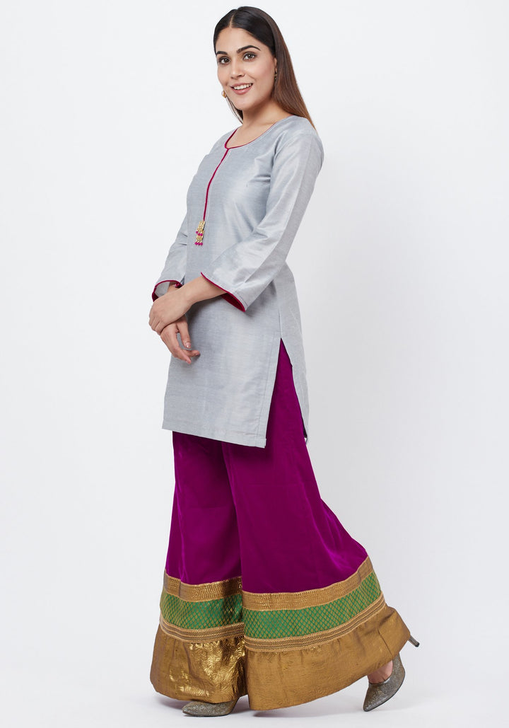 anokherang Combos Gray Straight Short Kurti with Velvet Multi Border Palazzo