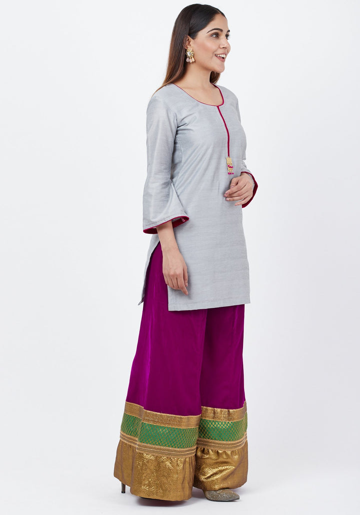 anokherang Combos Gray Straight Short Kurti with Velvet Multi Border Palazzo