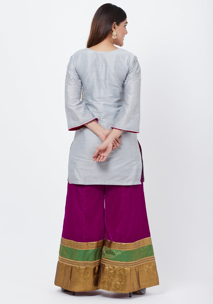 anokherang Combos Gray Straight Short Kurti with Velvet Multi Border Palazzo