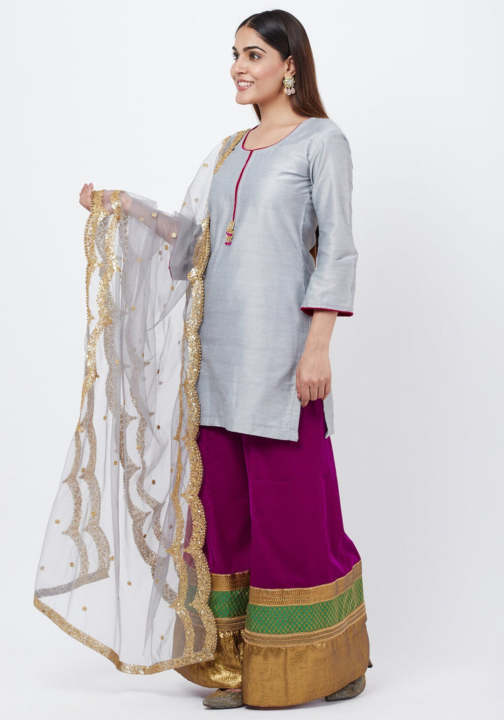 anokherang Combos Gray Straight Short Kurti with Velvet Multi Border Palazzo and Gray Scalloped Border Dupatta