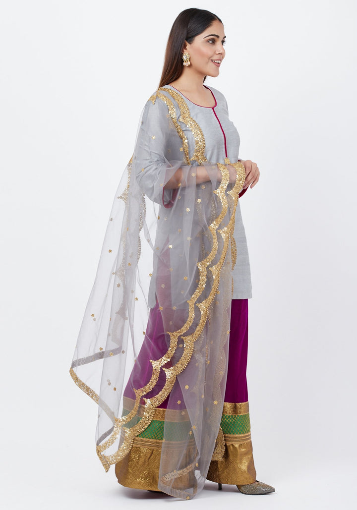 anokherang Combos Gray Straight Short Kurti with Velvet Multi Border Palazzo and Gray Scalloped Border Dupatta