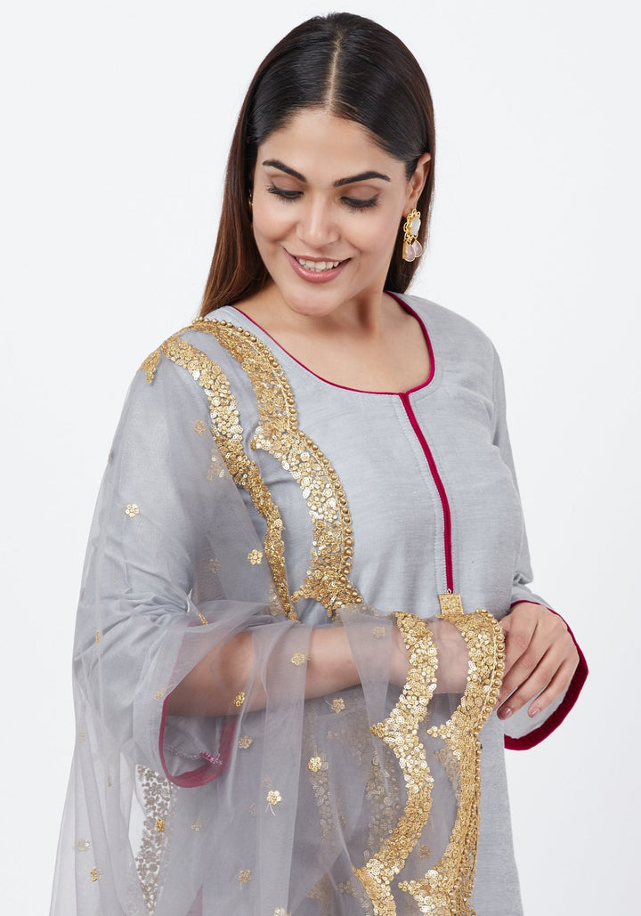 anokherang Combos Gray Straight Short Kurti with Velvet Multi Border Palazzo and Gray Scalloped Border Dupatta