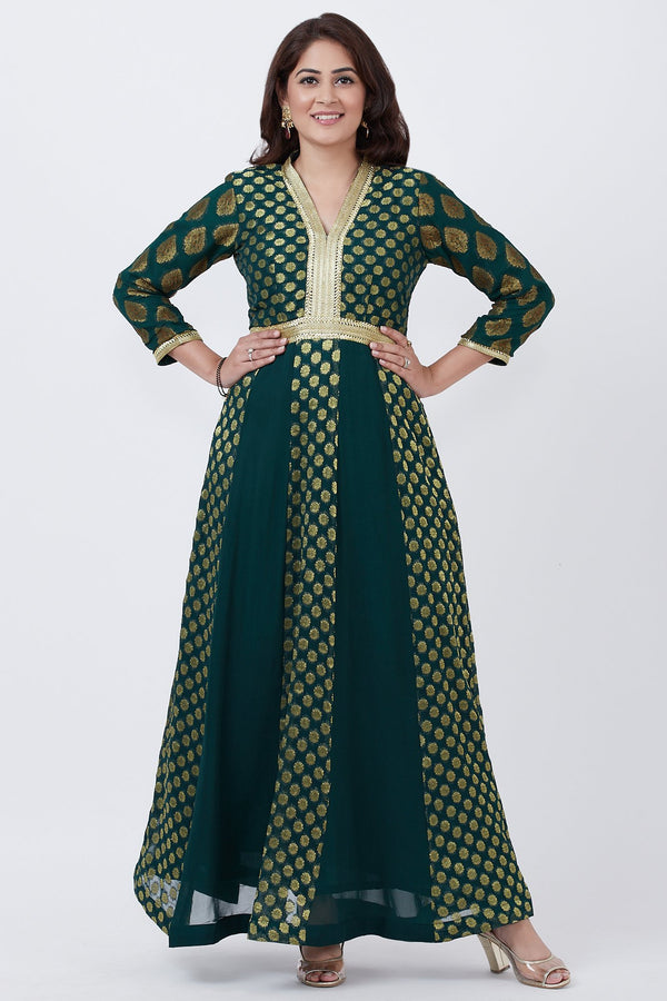 anokherang Combos Green Banarsi Plunging Neckline Floorlength Kurti