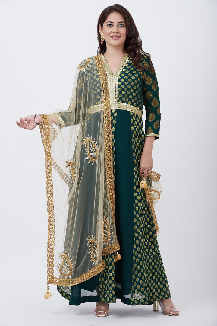 anokherang Combos Green Banarsi Plunging Neckline Floorlength Kurti with Gold Paisley Net Dupatta