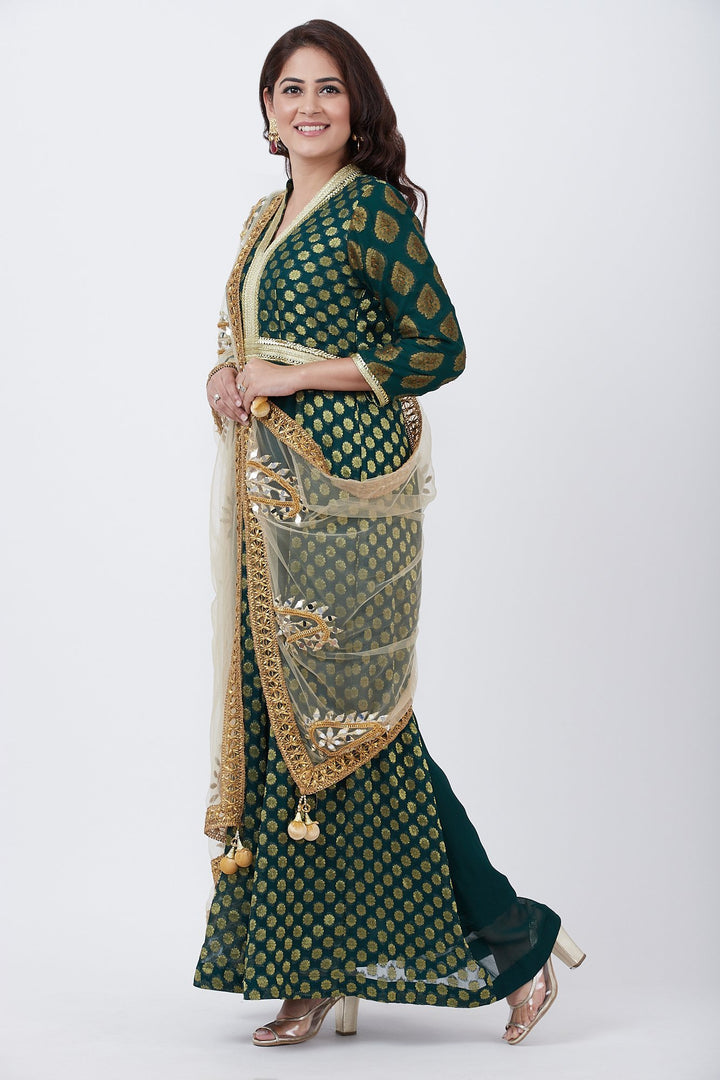 anokherang Combos Green Banarsi Plunging Neckline Floorlength Kurti with Gold Paisley Net Dupatta