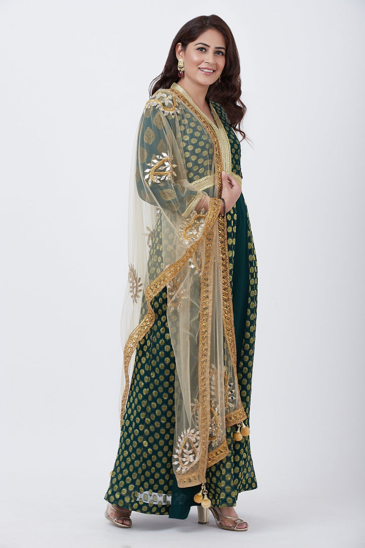 anokherang Combos Green Banarsi Plunging Neckline Floorlength Kurti with Gold Paisley Net Dupatta