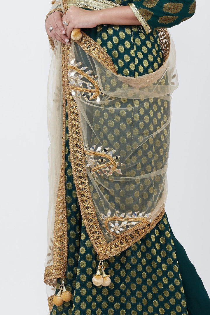 anokherang Combos Green Banarsi Plunging Neckline Floorlength Kurti with Gold Paisley Net Dupatta