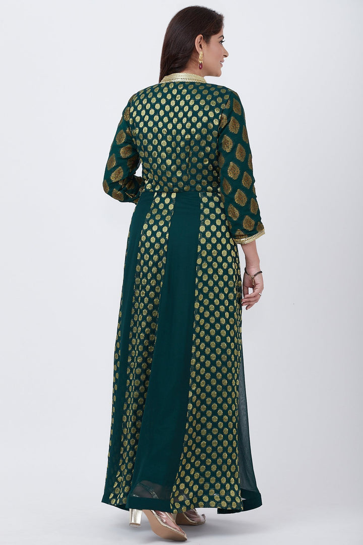 anokherang Combos Green Banarsi Plunging Neckline Floorlength Kurti with Gold Paisley Net Dupatta