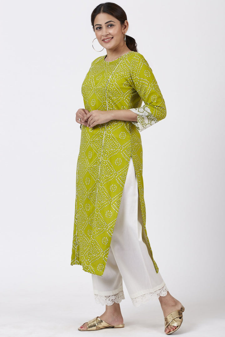 anokherang Combos Green Bandhani Kurti with White Crochet Laced Pants