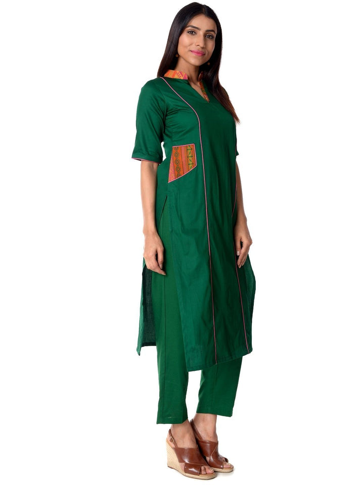 anokherang Combos Green Collared Kurti with MultiColored Pockets and straight Pants