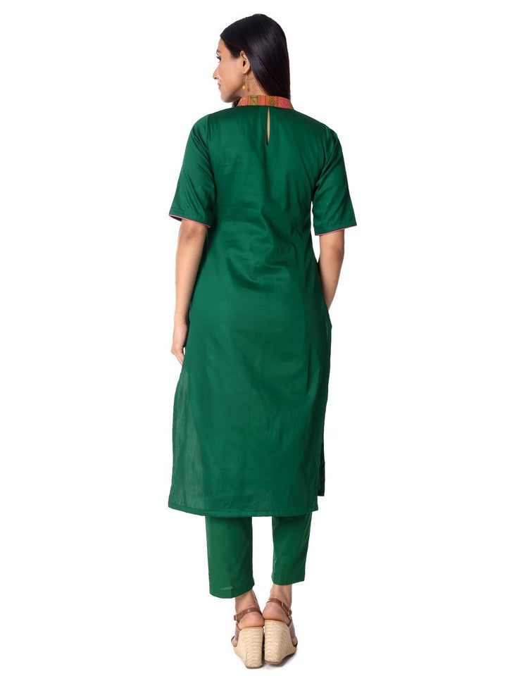 anokherang Combos Green Collared Kurti with MultiColored Pockets and straight Pants