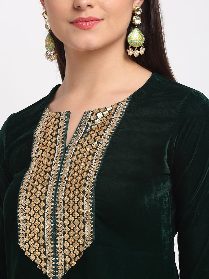 anokherang Combos Green Festive Straight Kurti with Straight Pants and Pista Sequence Dupatta