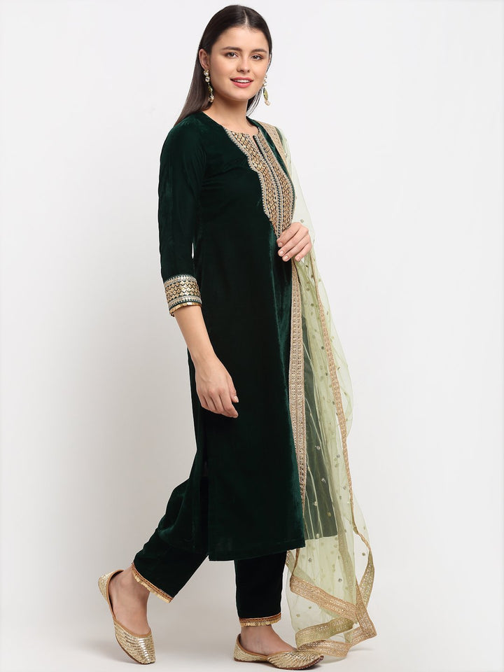 anokherang Combos Green Festive Straight Kurti with Straight Pants and Pista Sequence Dupatta