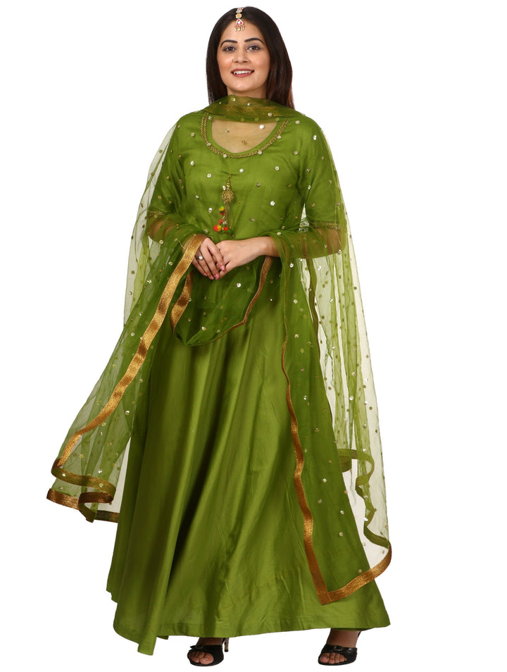 anokherang Combos Green Floor Length Kurti with Green Net Sequeneced Dupatta