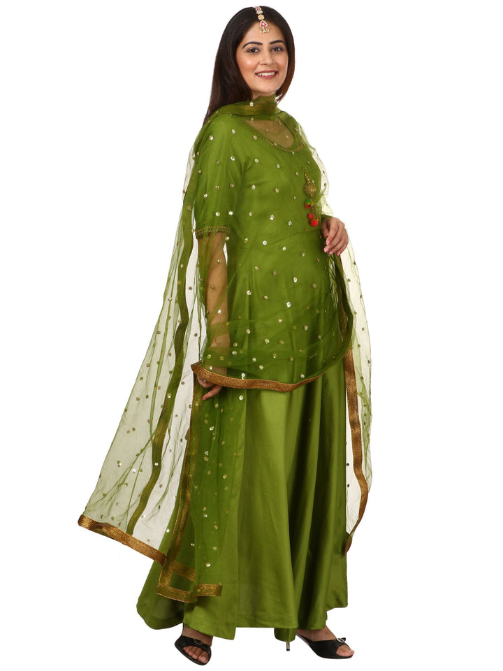 anokherang Combos Green Floor Length Kurti with Green Net Sequeneced Dupatta