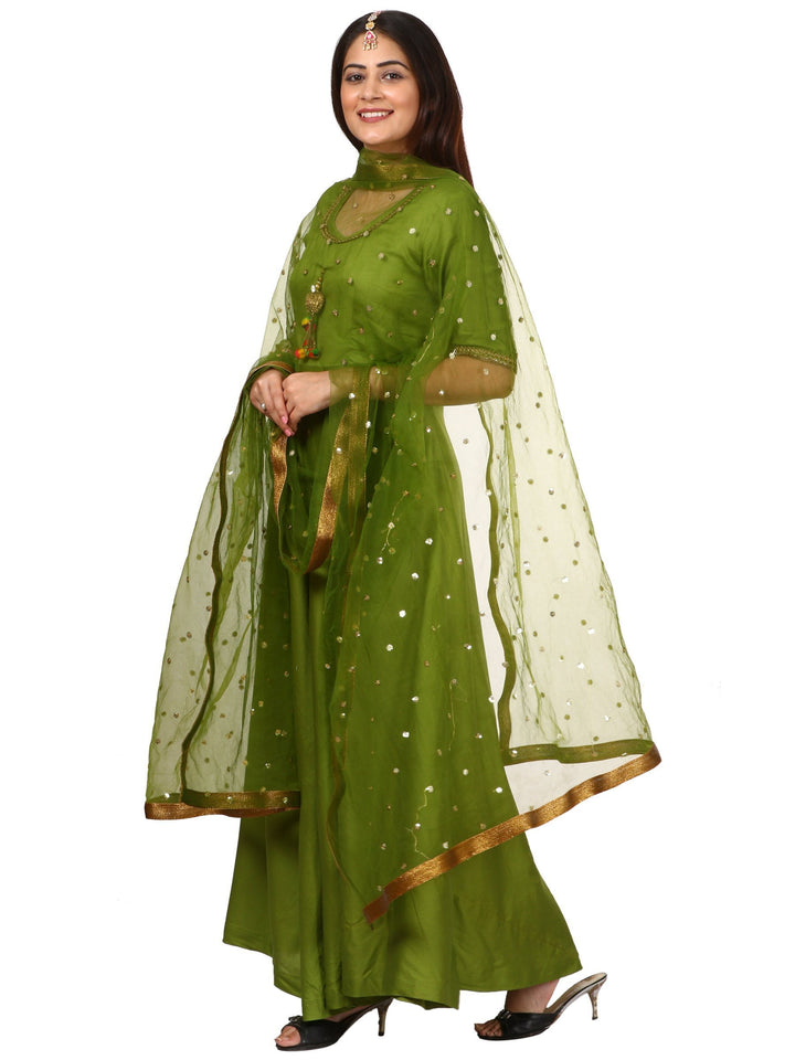 anokherang Combos Green Floor Length Kurti with Green Net Sequeneced Dupatta