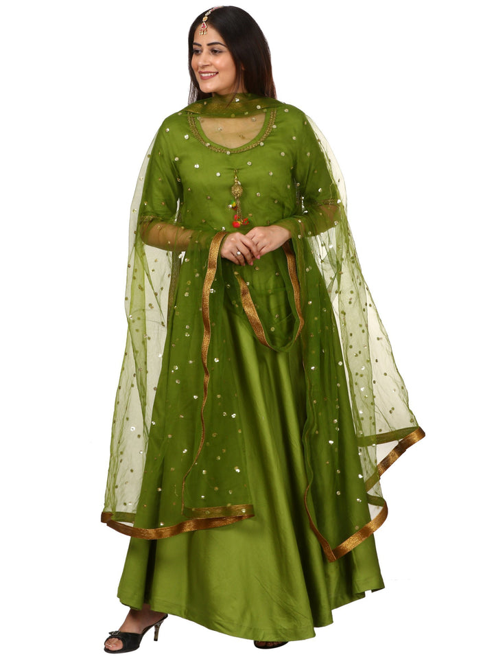 anokherang Combos Green Floor Length Kurti with Green Net Sequeneced Dupatta