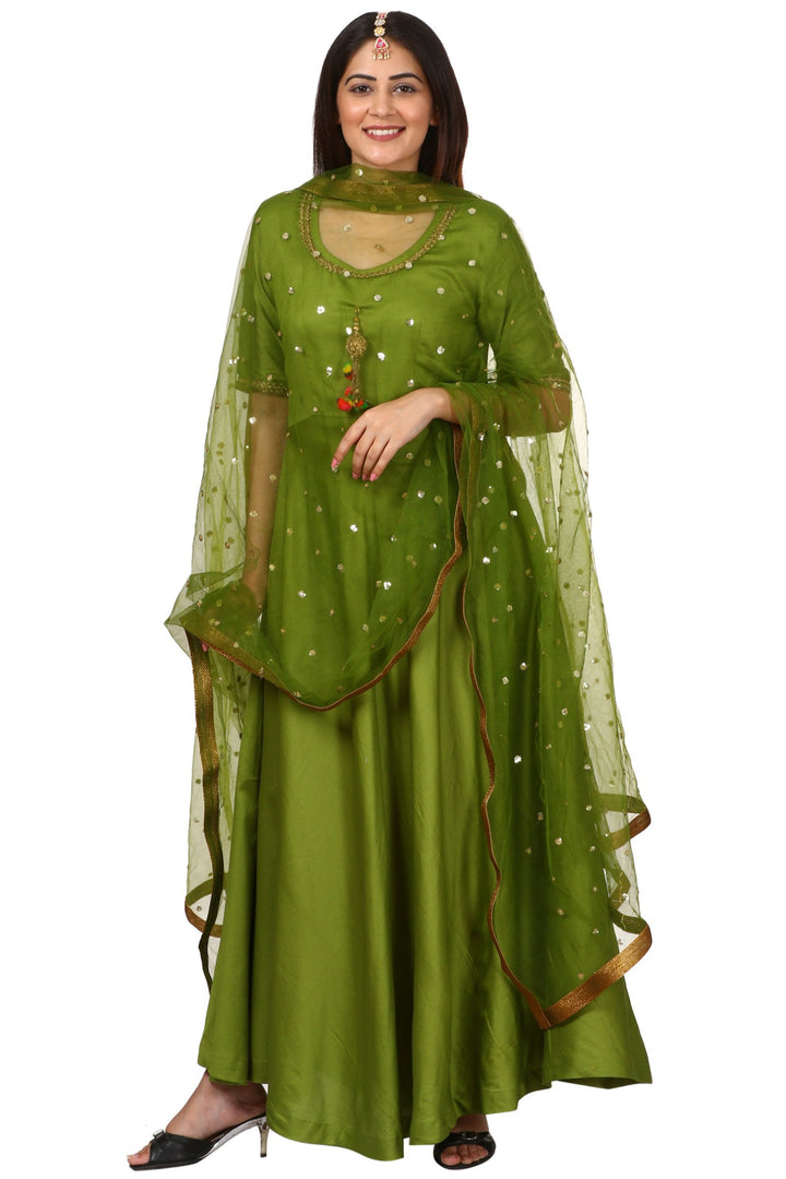 anokherang Combos Green Floor Length Kurti with Green Net Sequeneced Dupatta