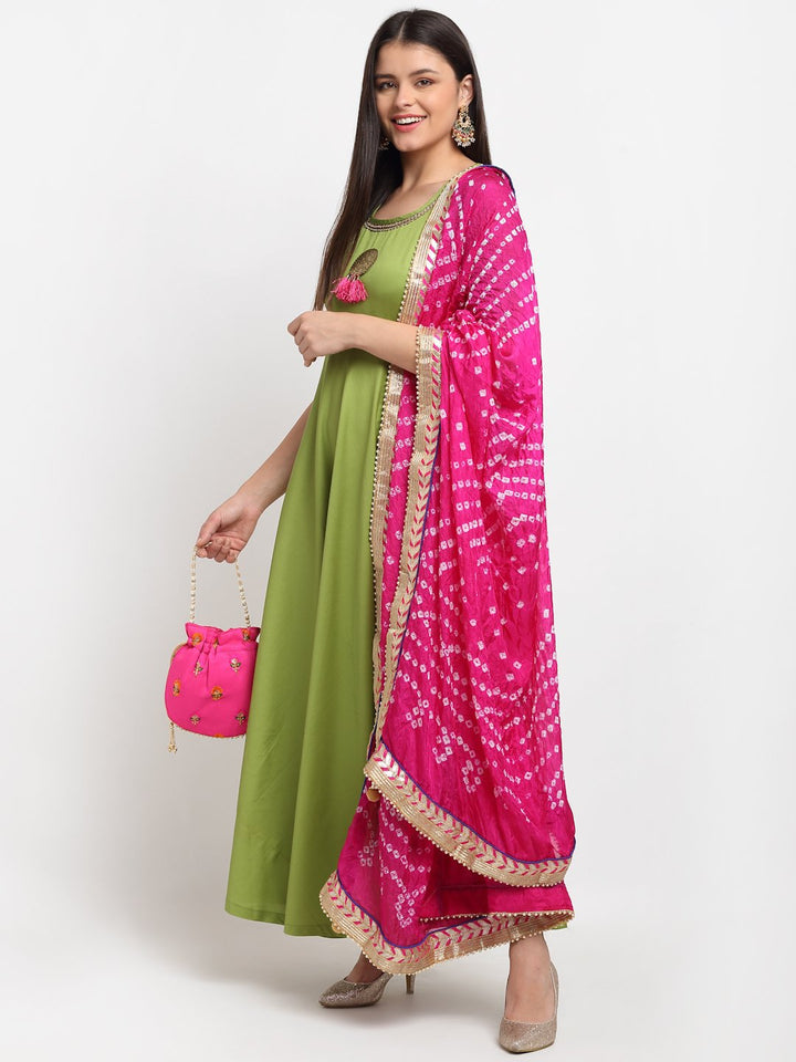 anokherang Combos Green Floor Length Kurti with Pink Bandhani Dupatta
