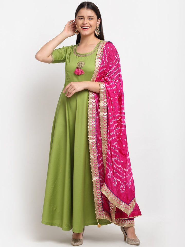 anokherang Combos Green Floor Length Kurti with Pink Bandhani Dupatta