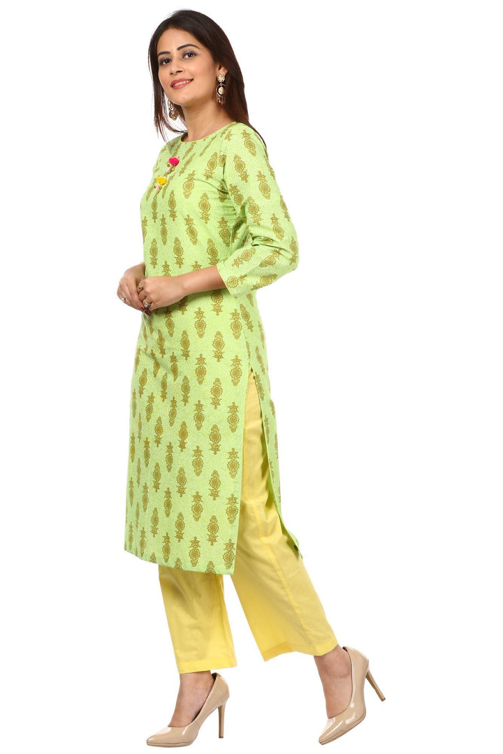 anokherang Combos Green Floral Cotton Kurti with Straight Pants