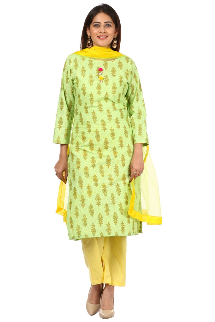 anokherang Combos Green Floral Kurti with Straight Pants and Green Net Dupatta with Yellow border