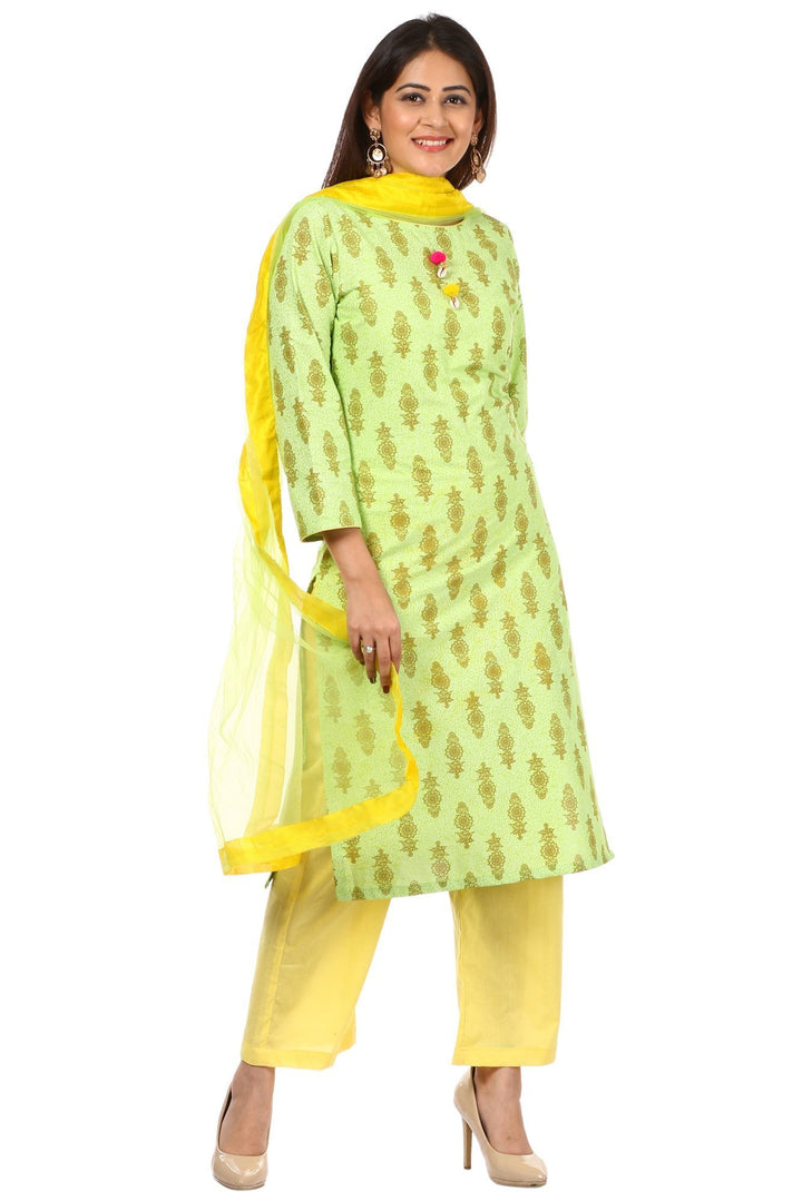 anokherang Combos Green Floral Kurti with Straight Pants and Green Net Dupatta with Yellow border