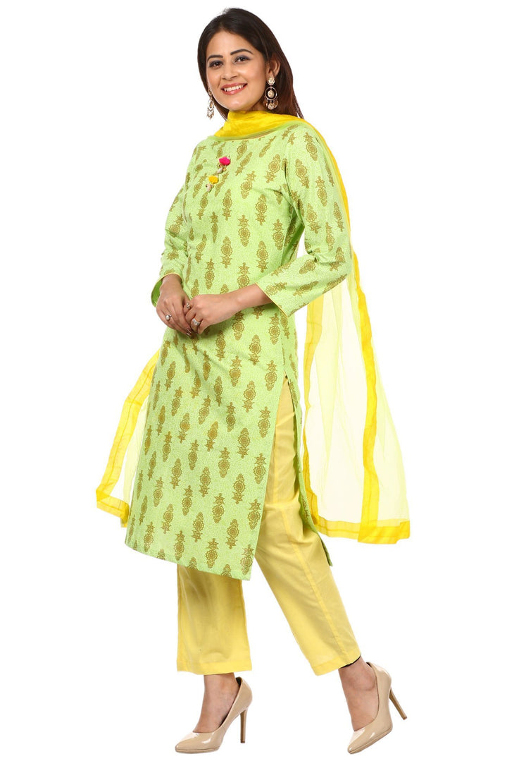anokherang Combos Green Floral Kurti with Straight Pants and Green Net Dupatta with Yellow border