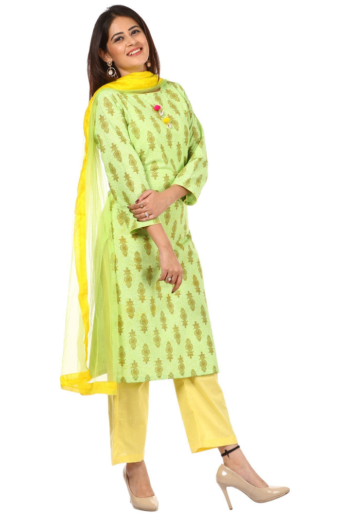 anokherang Combos Green Floral Kurti with Straight Pants and Green Net Dupatta with Yellow border
