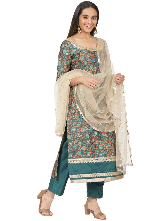 anokherang Combos Green Floral Print Gotta Kurti with Straight Pants And Jhilmil Dupatta