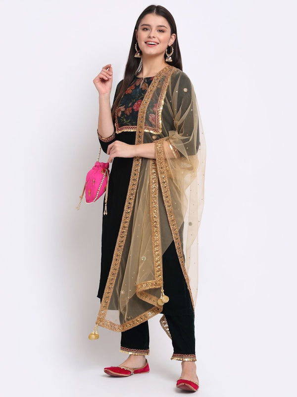 anokherang Combos Green Floral Printed Velvet Kurti with Straight Palazzo and Mirror Stone Dupatta