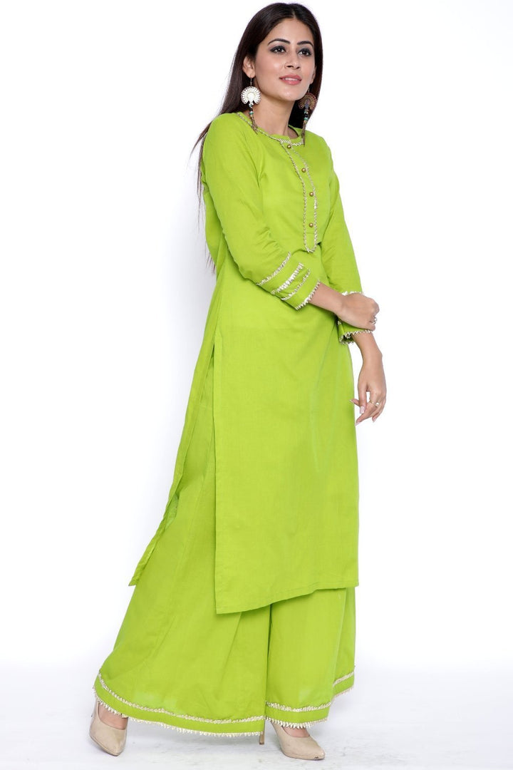 anokherang Combos Green Gota Work Kurti with Flared Palazzo