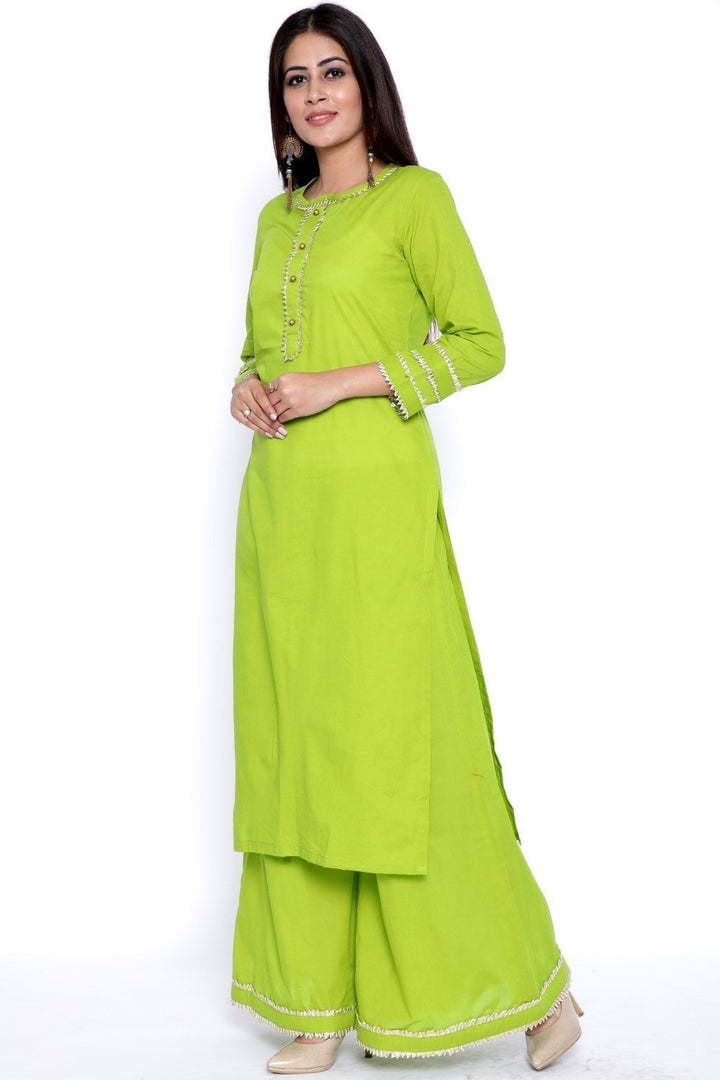 anokherang Combos Green Gota Work Kurti with Flared Palazzo