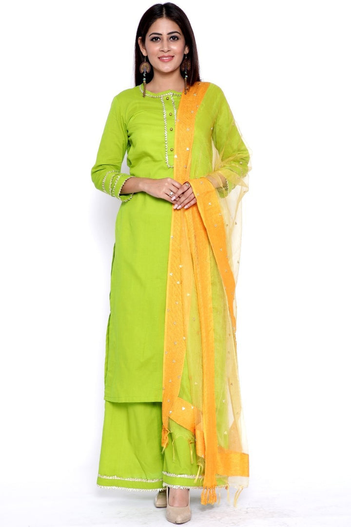 anokherang Combos Green Gota Work Kurti with Flared Palazzo and Mustard Organza Dupatta