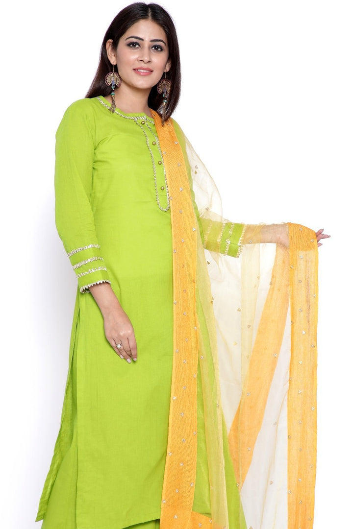 anokherang Combos Green Gota Work Kurti with Flared Palazzo and Mustard Organza Dupatta