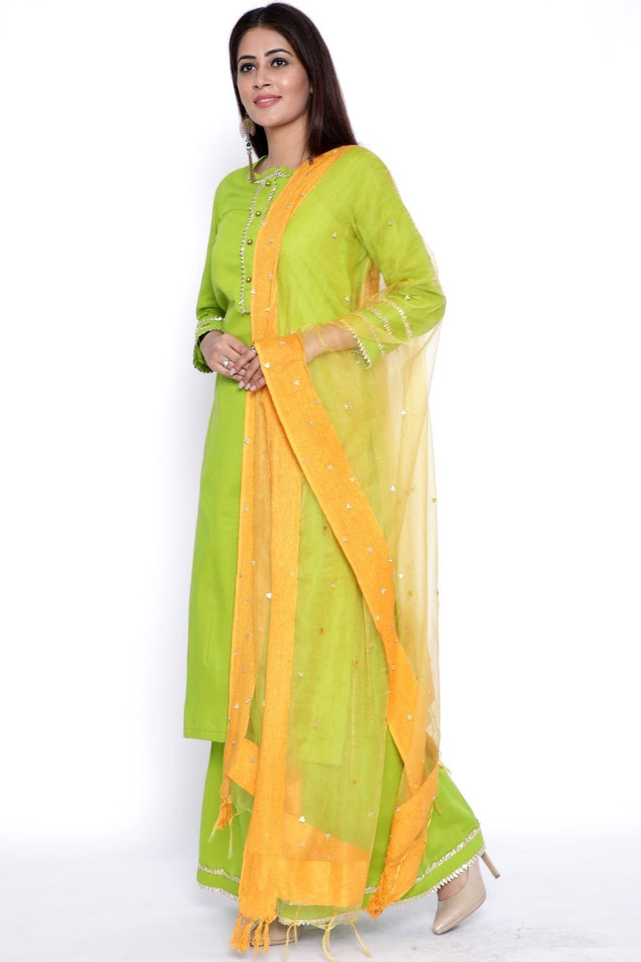 anokherang Combos Green Gota Work Kurti with Flared Palazzo and Mustard Organza Dupatta