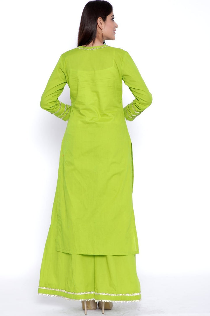 anokherang Combos Green Gota Work Kurti with Flared Palazzo and Mustard Organza Dupatta